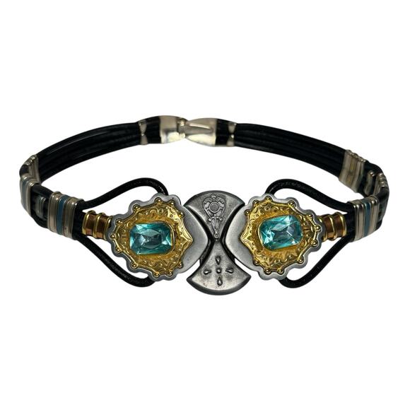 Black Leather Rope Belt with Jeweled Medallions & Silver Hardware - Size 32 - Picture 1 of 8